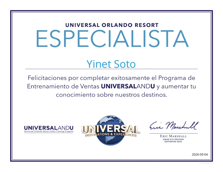 Certificado de Universal Orlando Resort: Especialista